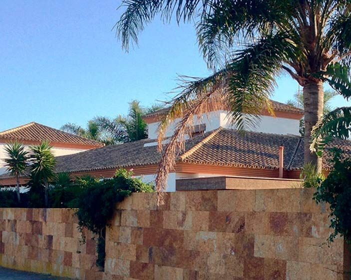 Una casa grande con una palmera al frente.