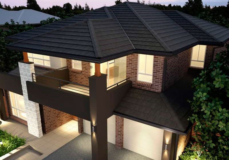 Impresión artística de una casa con techo negro.