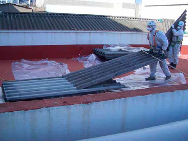 Dos hombres con trajes de protección están trabajando en un tejado.