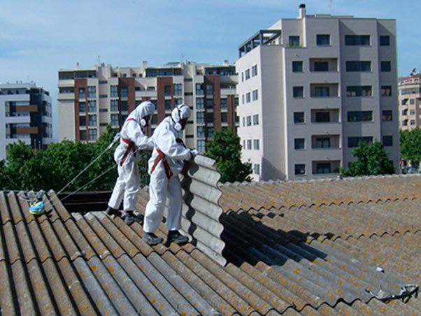 Dos hombres con trajes de protección están trabajando en un tejado.