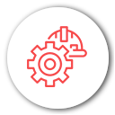 Un icono de un engranaje y un casco en un círculo.