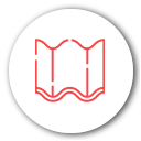 Un icono rojo de un libro en un círculo blanco.