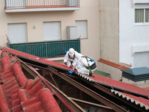Dos hombres están trabajando en el tejado de un edificio.