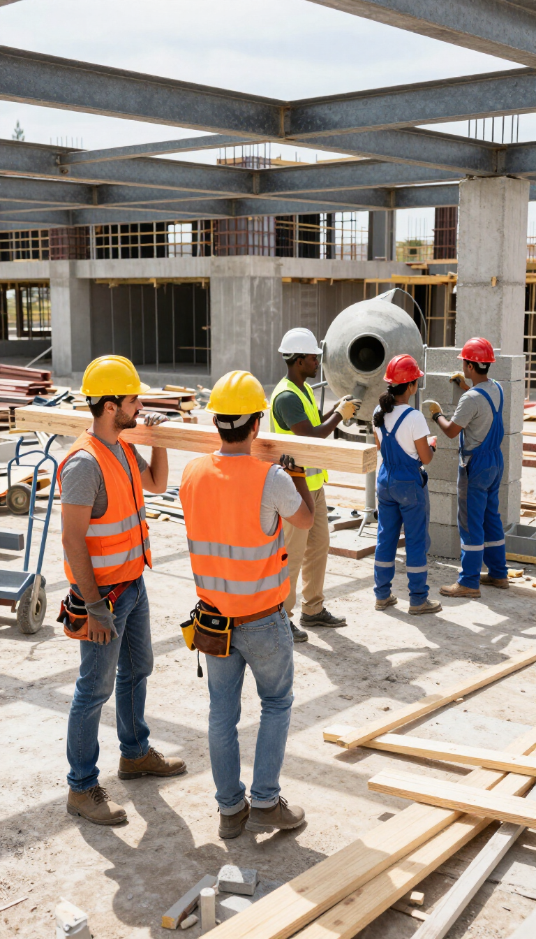 Obreros de la construcción con cascos y chalecos de seguridad revisan planos en una obra en construcción.