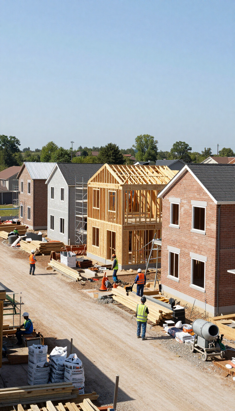 Nuevas casas en construcción en una calle residencial, con trabajadores, estructura de madera y fachadas de ladrillo.