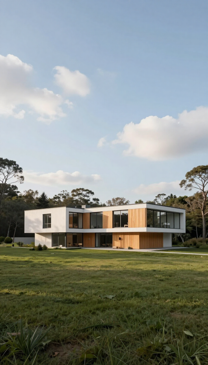 Moderna casa de dos plantas, blanca y de madera, sobre un césped bajo un cielo azul con nubes.
