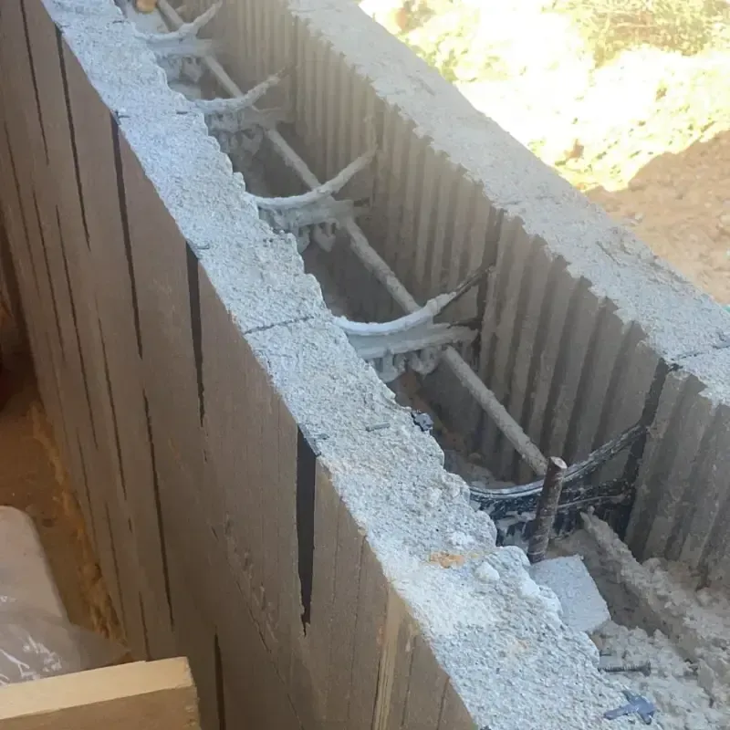Muro de hormigón parcialmente construido con barras de refuerzo expuestas y borde superior rugoso en una obra.