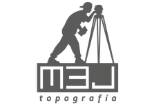 Logotipo de un topógrafo con trípode sobre “M3J” y la palabra “topografía” debajo.