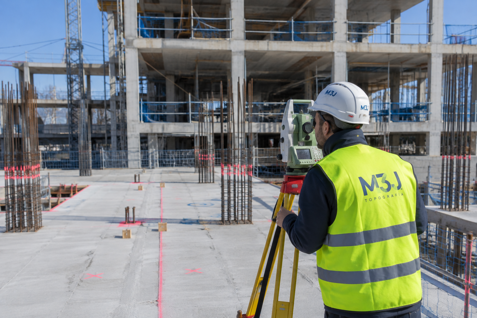 Obrero de la construcción con chaleco de seguridad amarillo y casco inspeccionando una obra con andamios