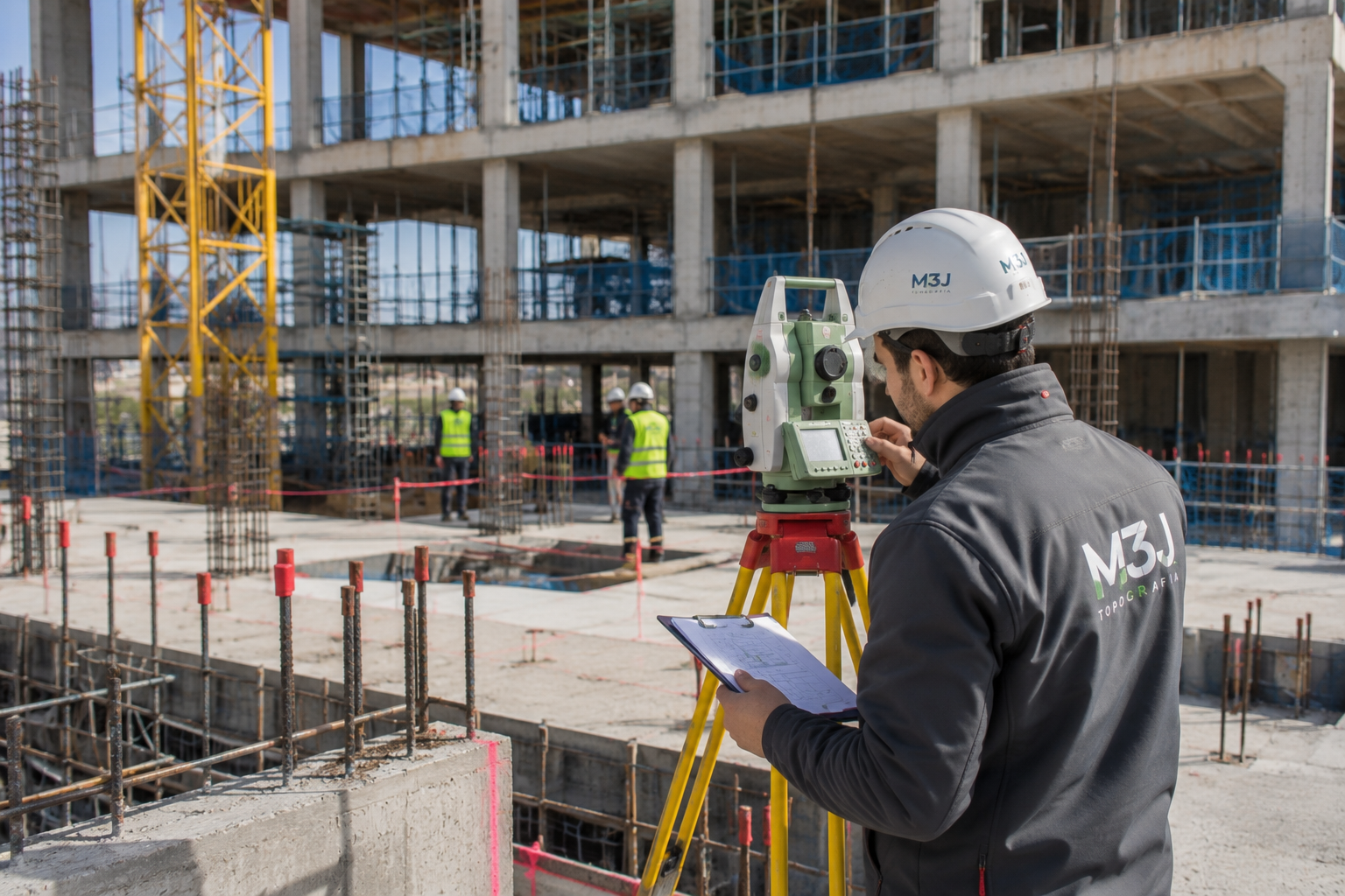 Un trabajador con casco revisa los planos en una obra de construcción con estructura de hormigón y andamios.