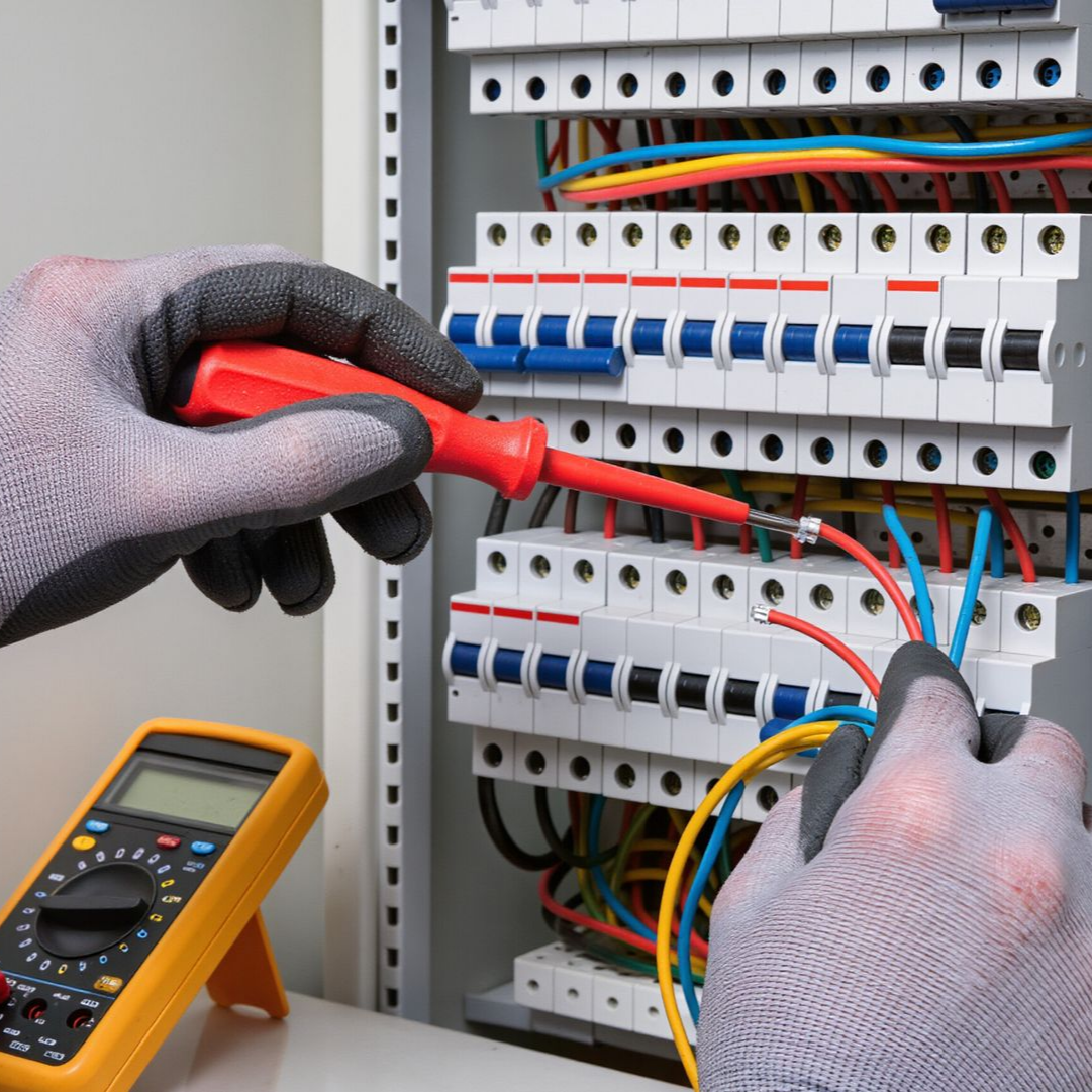 Un électricien portant des gants gris utilise un tournevis isolé rouge sur un tableau de disjoncteurs.