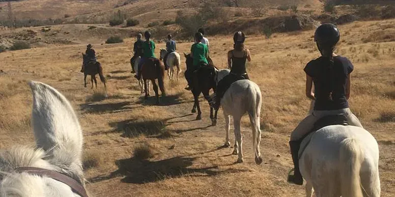 Un grupo de personas monta a caballo en un campo.