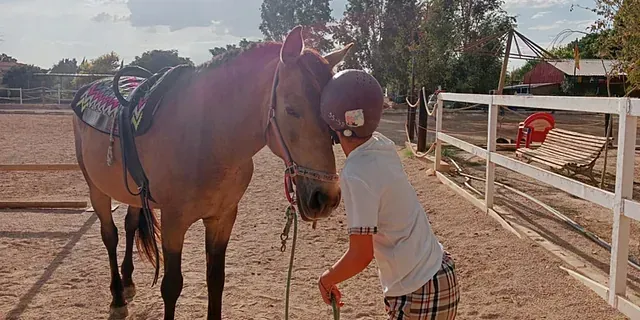Un niño está de pie junto a un caballo en una zona cercada.