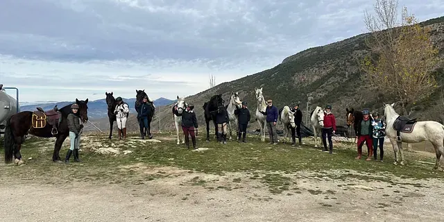Un grupo de personas de pie junto a caballos en un campo.