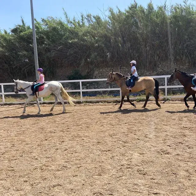 Un grupo de personas montando a caballo en un campo de tierra.
