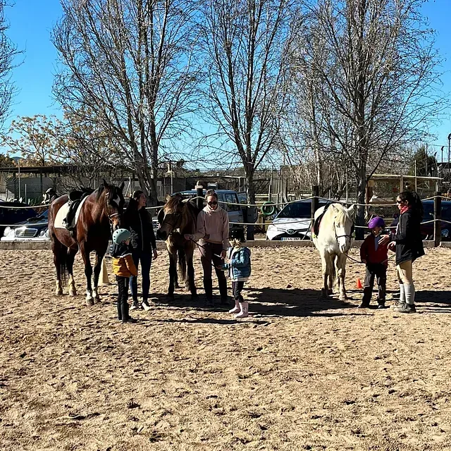 Un grupo de personas de pie junto a caballos en un campo de tierra.