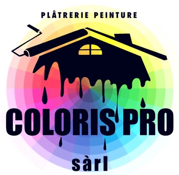 Logo pour Coloris Pro : silhouette de maison noire avec de la peinture qui coule sur une roue colorée et du texte.