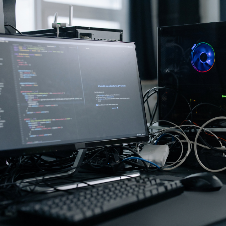 Un monitor de computadora está sobre un escritorio al lado de un teclado.