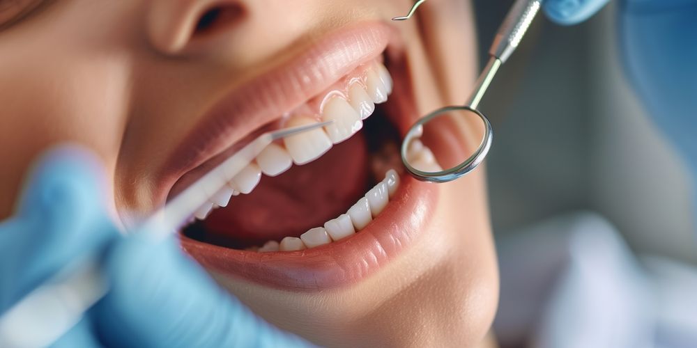 Un profesional dental utiliza un espejo y una sonda para examinar los dientes limpios y blancos de un paciente.