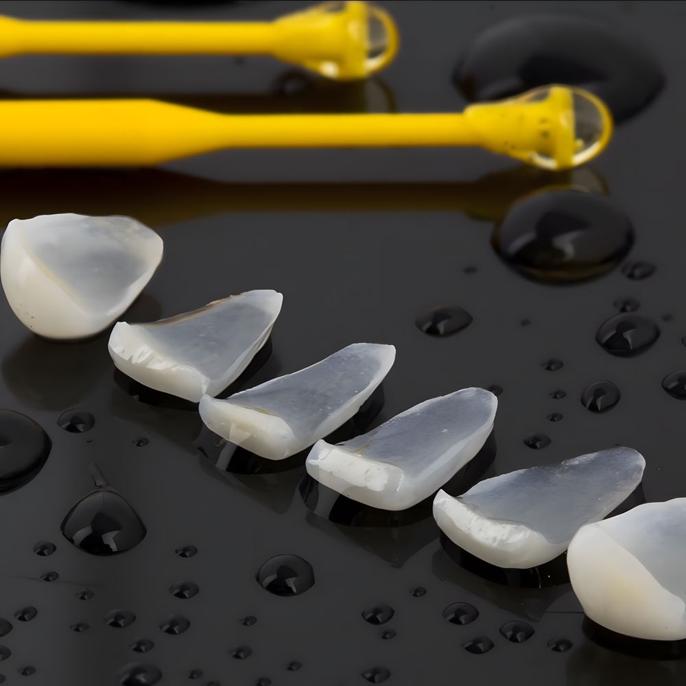 Una hilera de finas carillas dentales dispuestas sobre una superficie reflectante negra junto a instrumental dental amarillo.