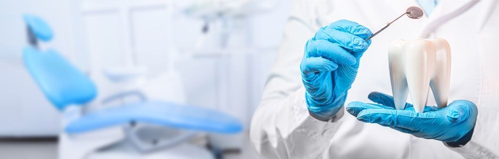 Un profesional dental con guantes azules sostiene un diente de muestra y un espejo dental en un entorno clínico borroso.
