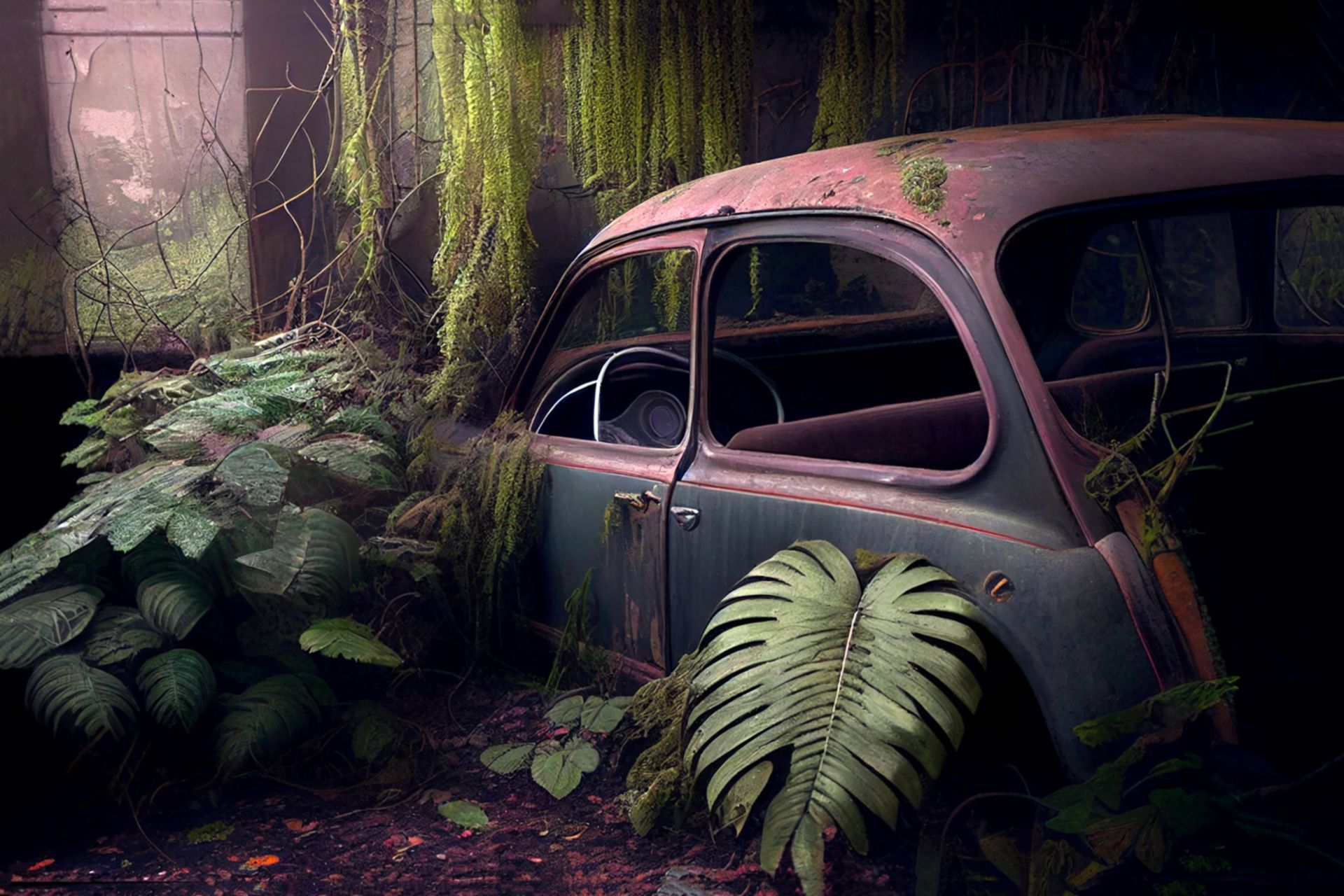 Une épave de voiture sous un hangar