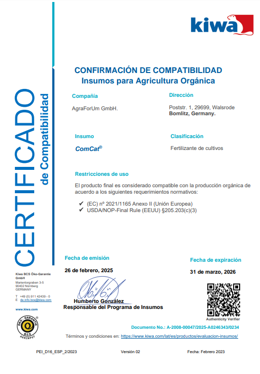 Certificación de insumos agrícolas orgánicos. Contiene información de la empresa, del producto y su fecha de caducidad.