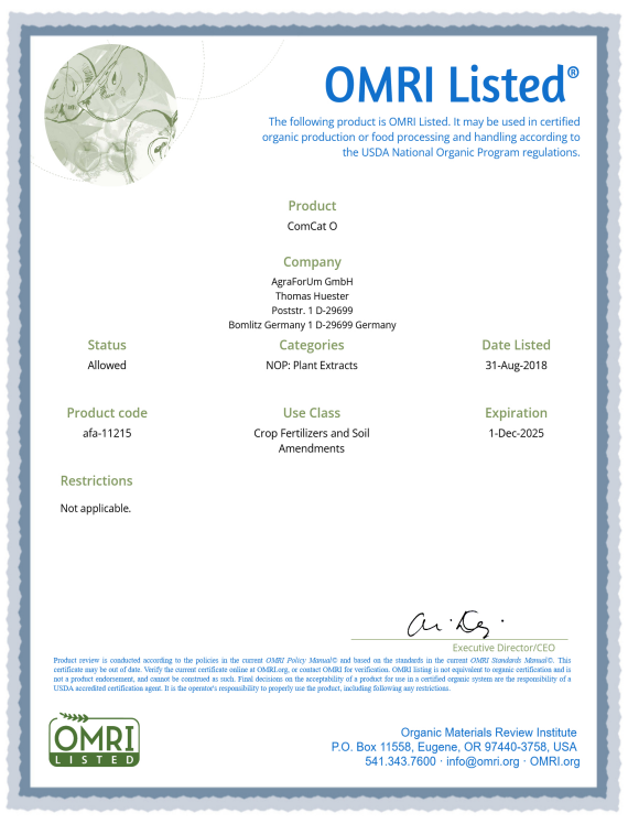 Certificado OMRI para Gemico G, un fertilizante para cultivos y enmienda del suelo.