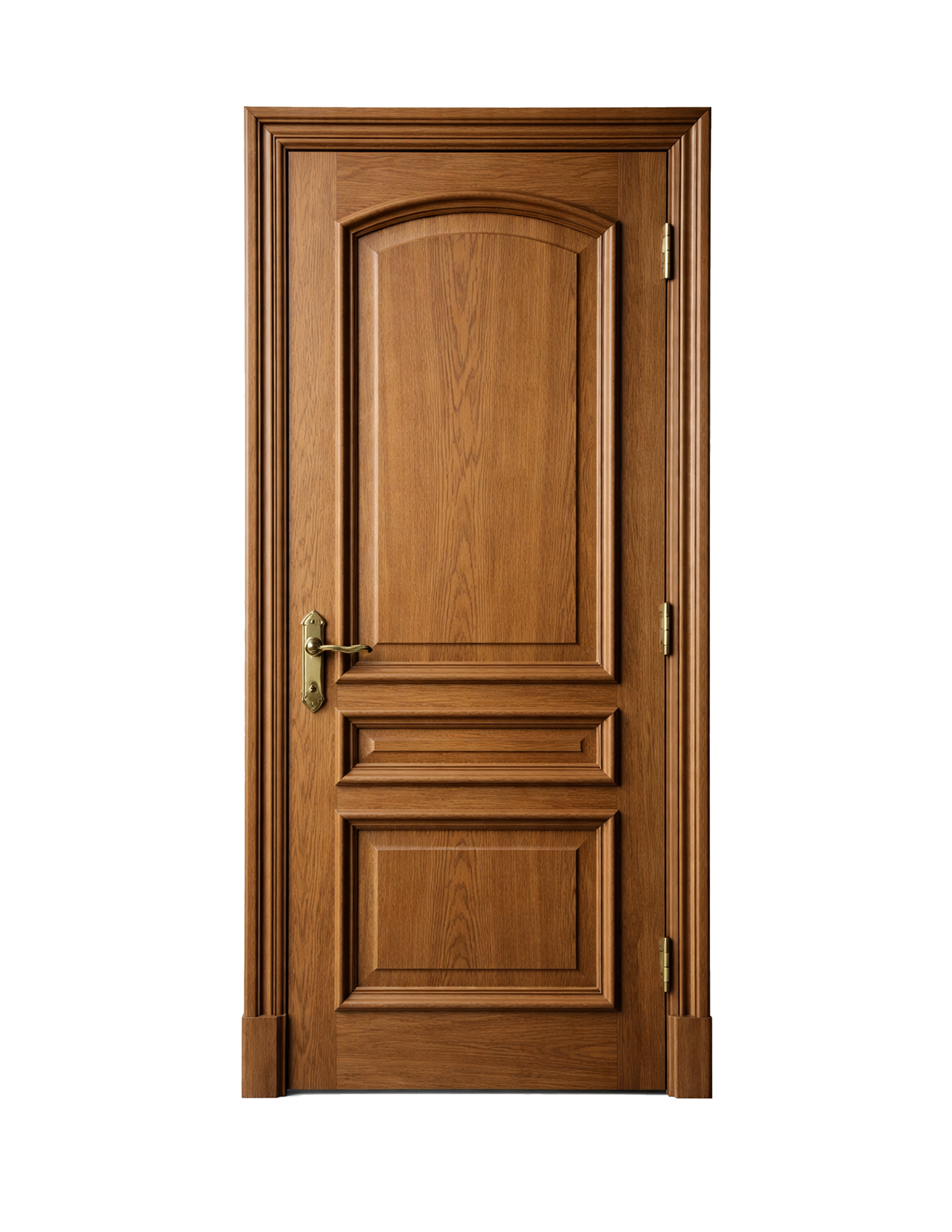 Porte intérieure en bois avec panneaux ornementés, poignée et cadre de porte dorés.