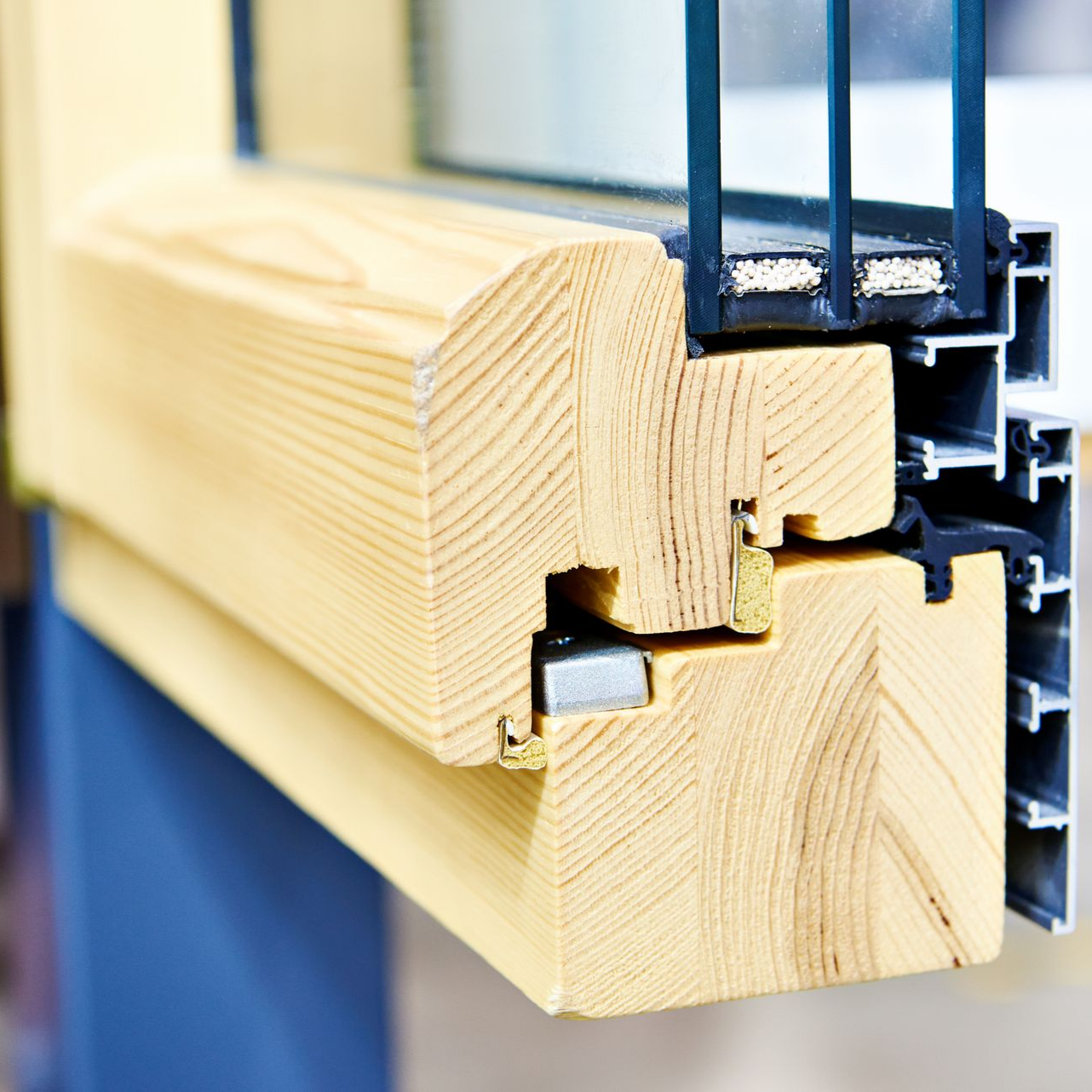 Coupe transversale d'un cadre de fenêtre en bois à double vitrage, mettant en évidence les détails d'une construction.