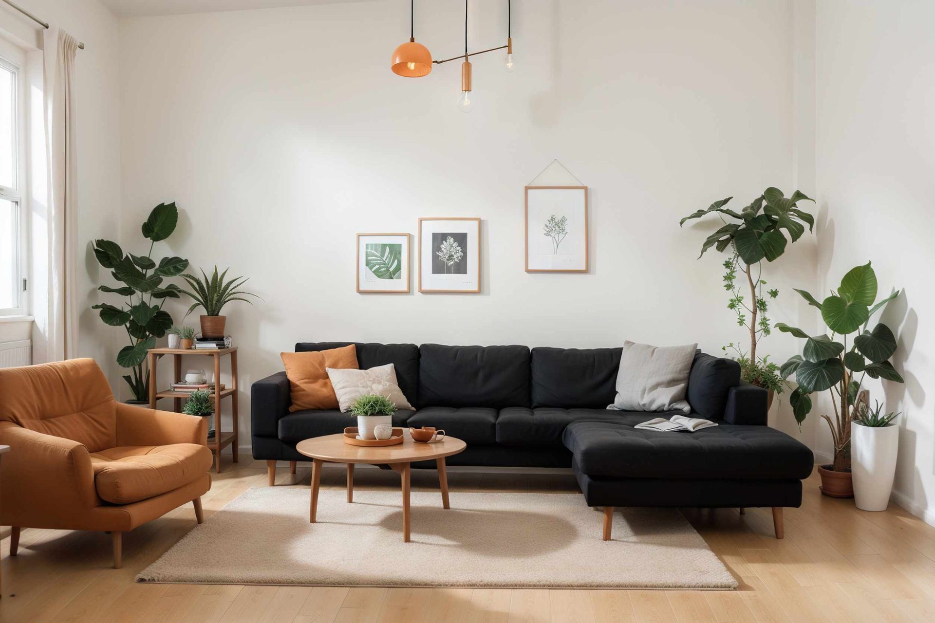 Una sala de estar con un sofá seccional negro, una silla marrón, una mesa de café y plantas.