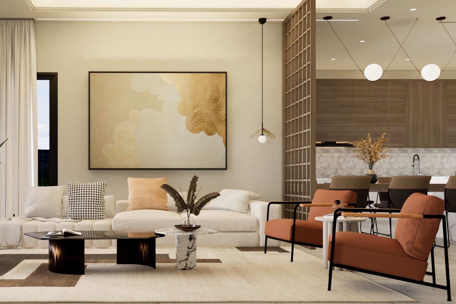 Una sala de estar con un sofá, sillas, una mesa de café y un cuadro en la pared.