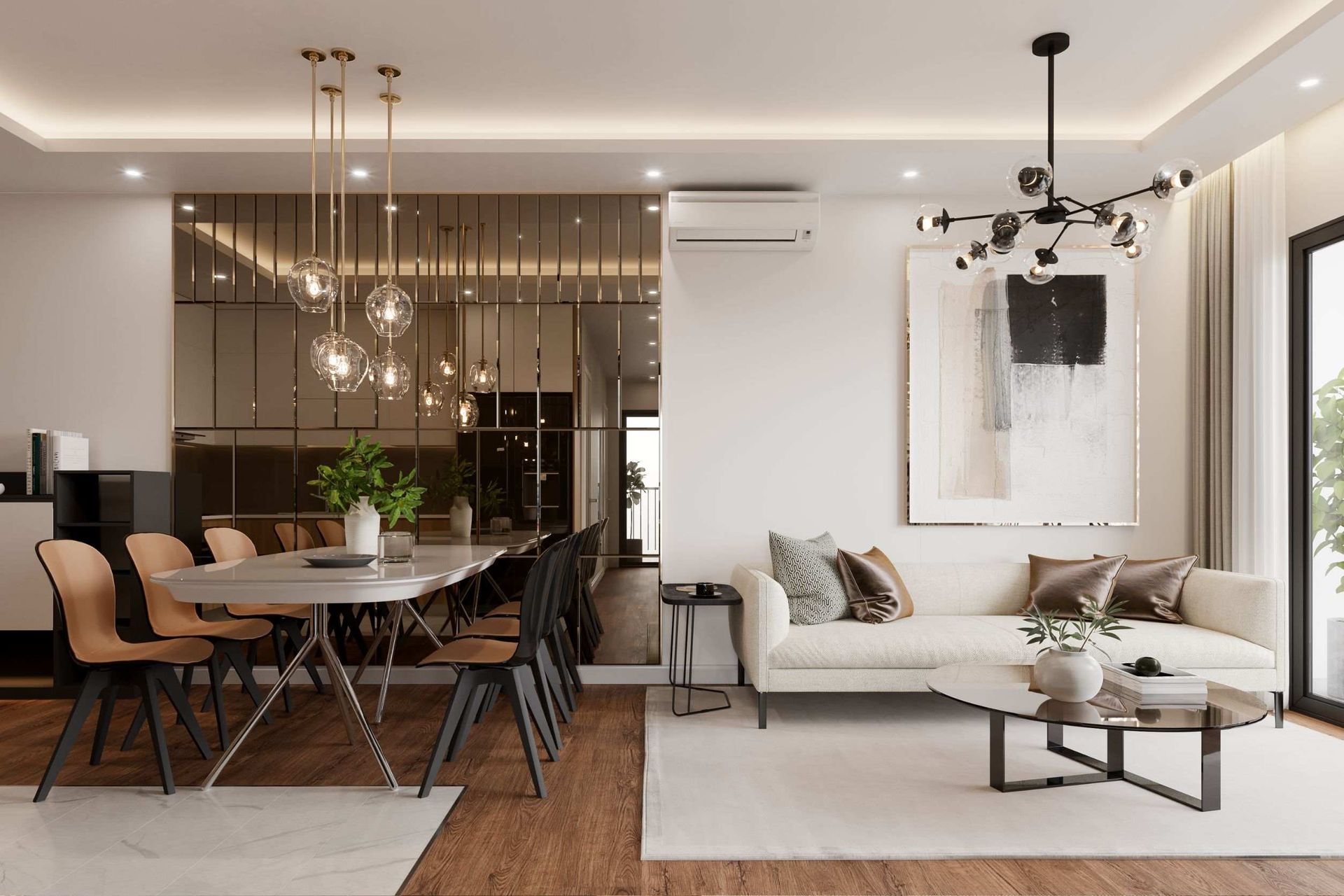 Una sala de estar con sofá, mesa y sillas.