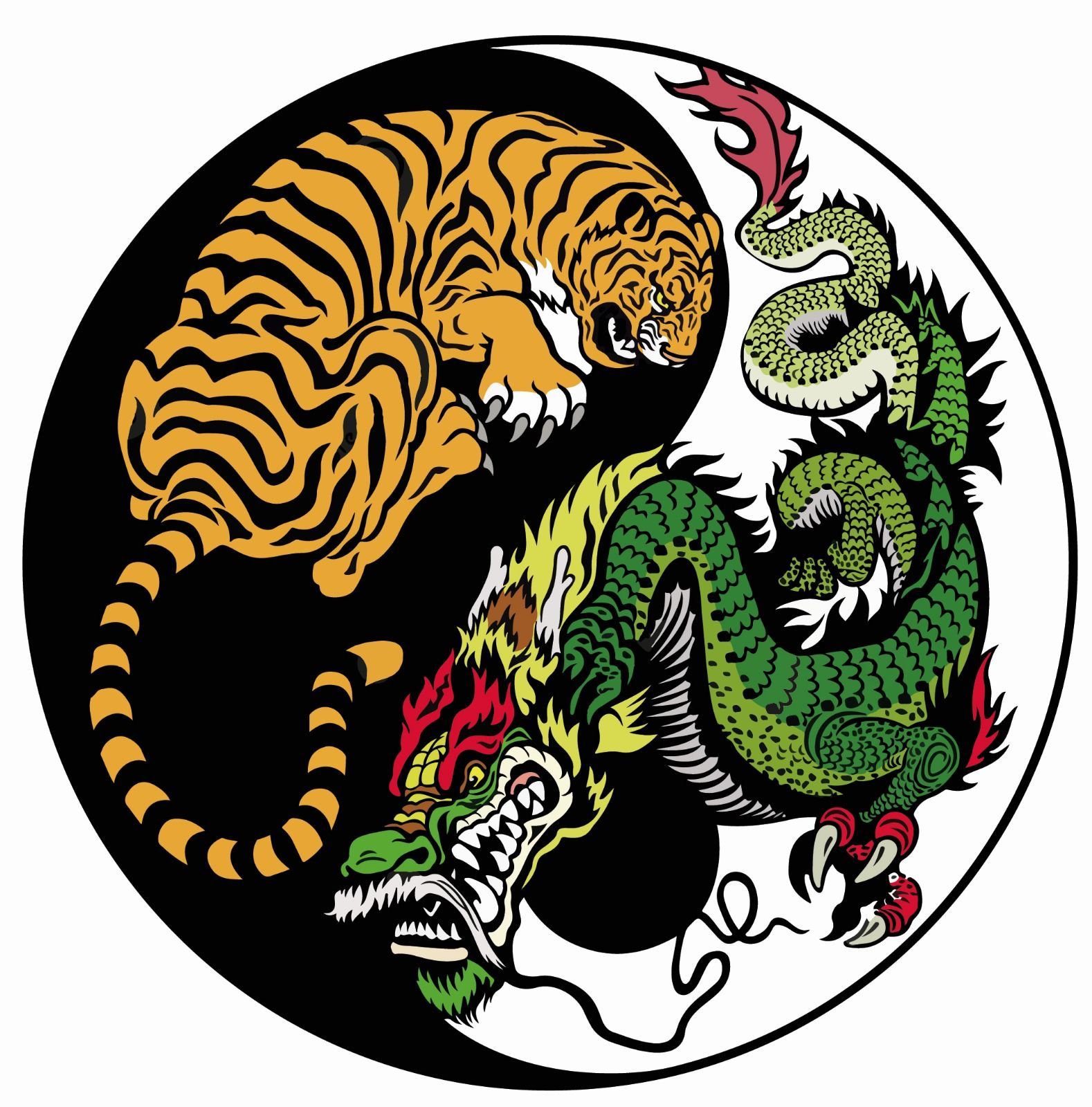 Símbolo Yin-yang con un tigre (dorado, negro) y un dragón (verde, rojo), que representa el equilibrio y la armonía.