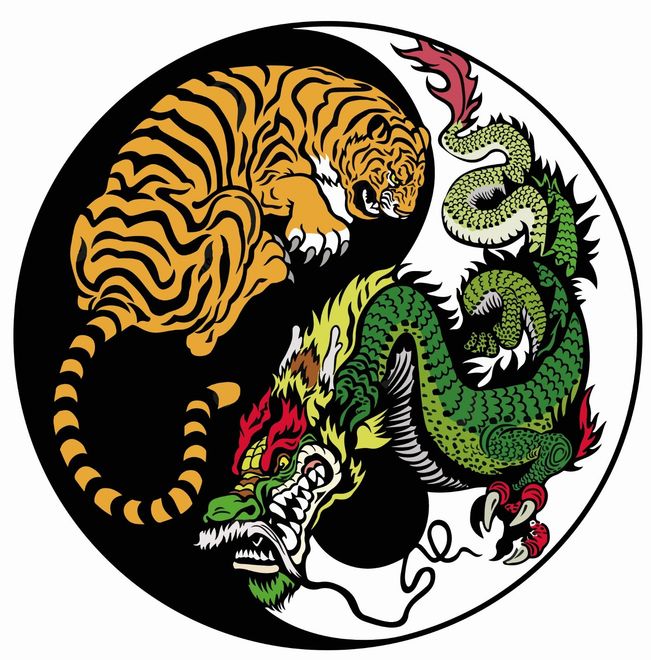 Símbolo Yin-yang con un tigre (dorado, negro) y un dragón (verde, rojo), que representa el equilibrio y la armonía.