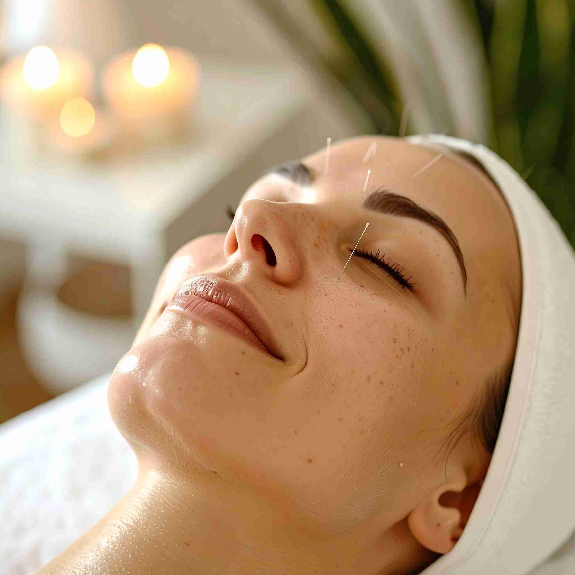 Mujer recibiendo acupuntura facial; ojos cerrados, agujas insertadas sobre la ceja; iluminación suave.