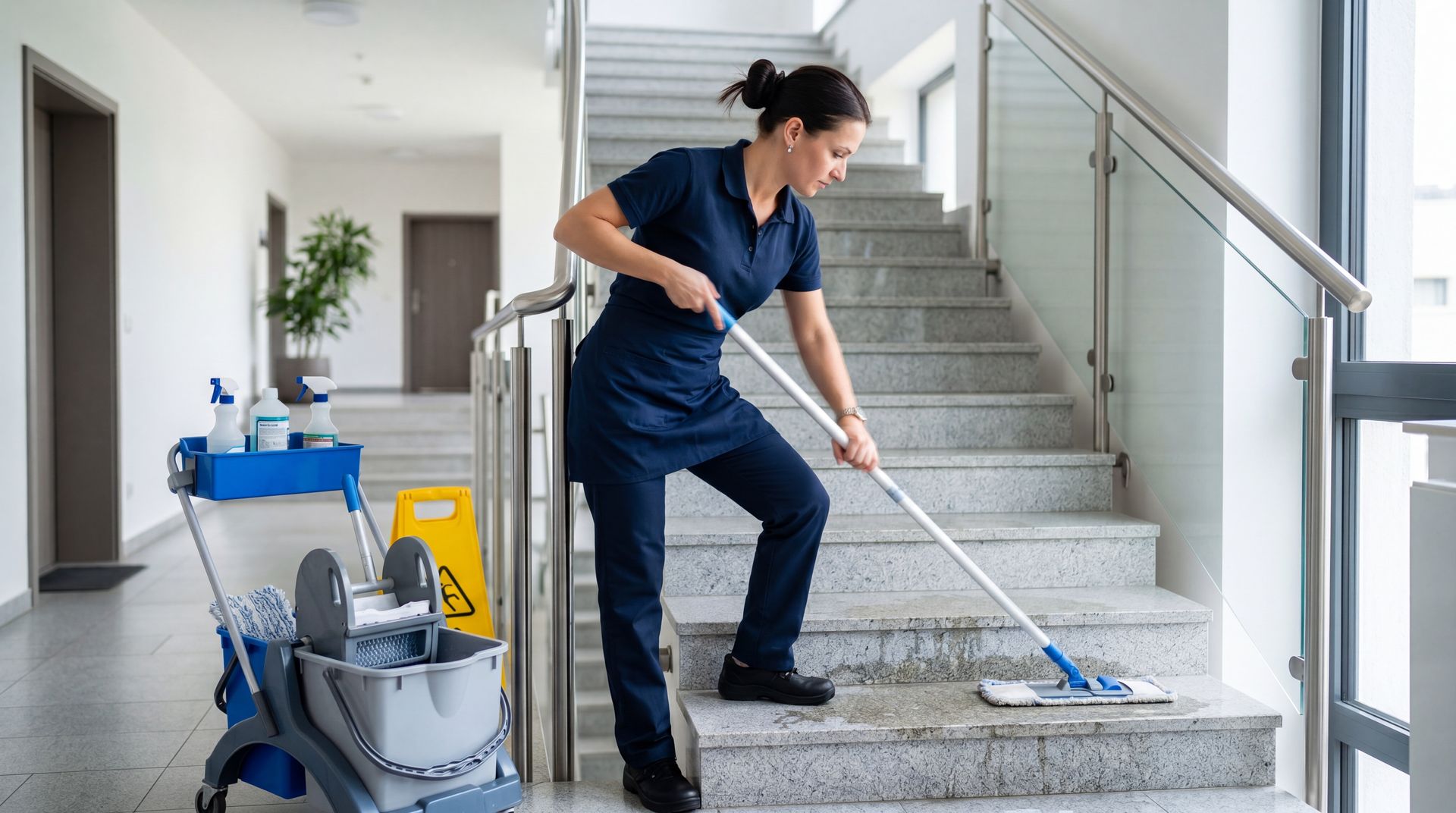 Une femme qui entretient des marches d'escaliers