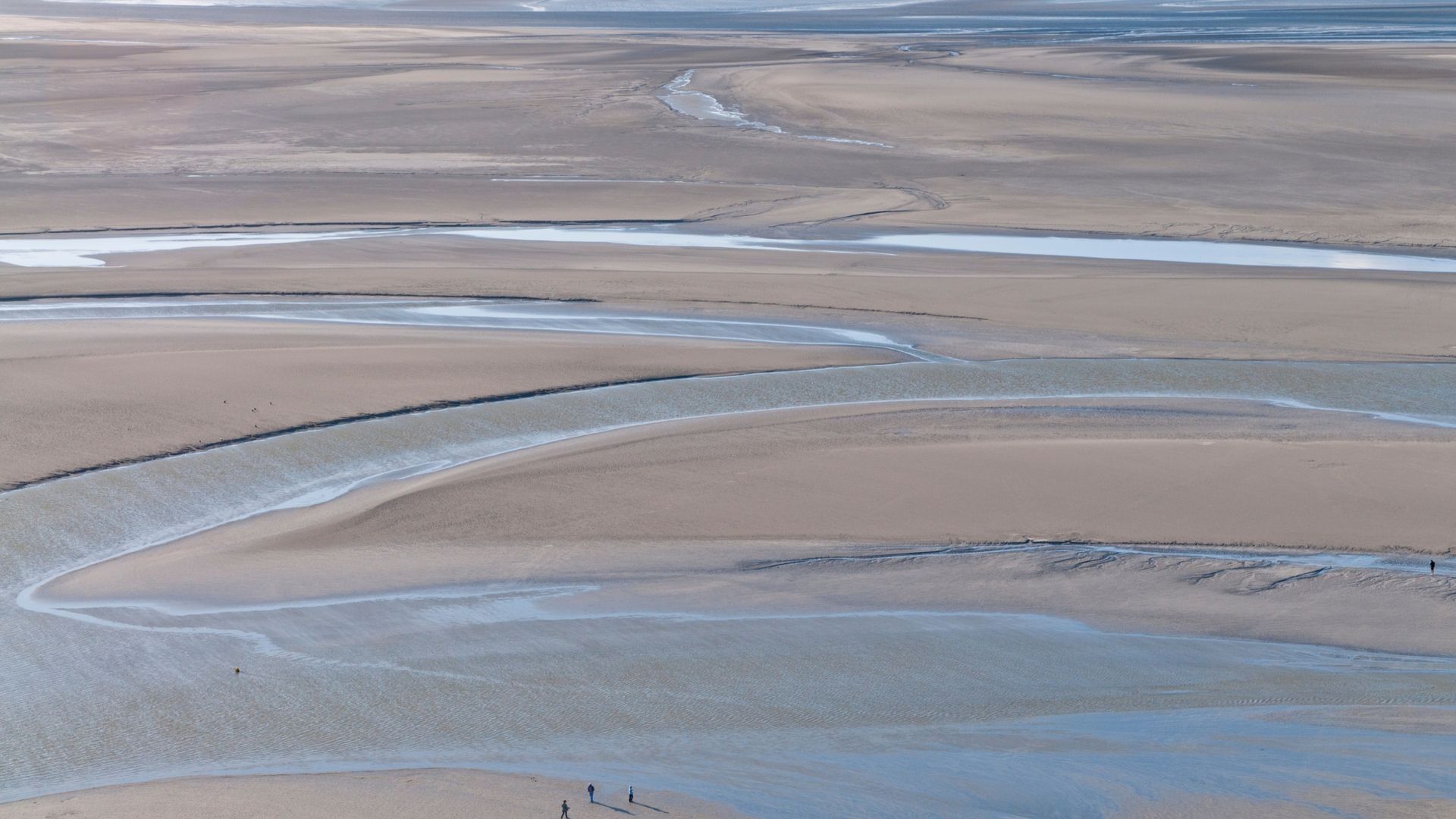 Sandige Wattflächen mit mäandernden Wasserläufen.