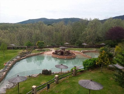 Una vista aérea de una gran piscina rodeada de árboles y sombrillas.