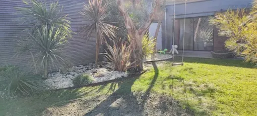 Un jardin avec des pierres blanches décoratives, des plantes ressemblant à des palmiers, un arbre et une balançoire pour enfants sur une pelouse verte.