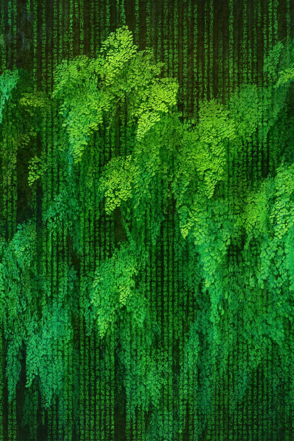 Grüne Blätter vor einem Hintergrund aus vertikalen, grünen Matrix-Zahlenreihen.