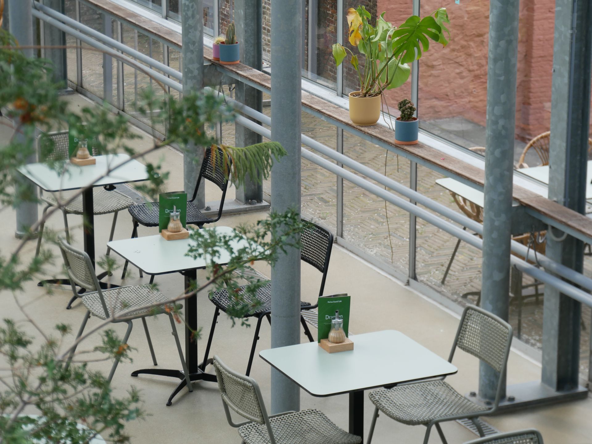 Blick auf die Innenterrasse mit Tischen und Pflanzen