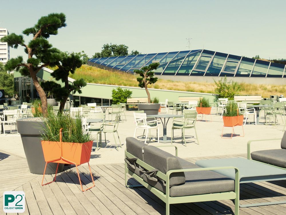 Stilvolle Gartenmöbel mit Pflanzen im Hintergrund.