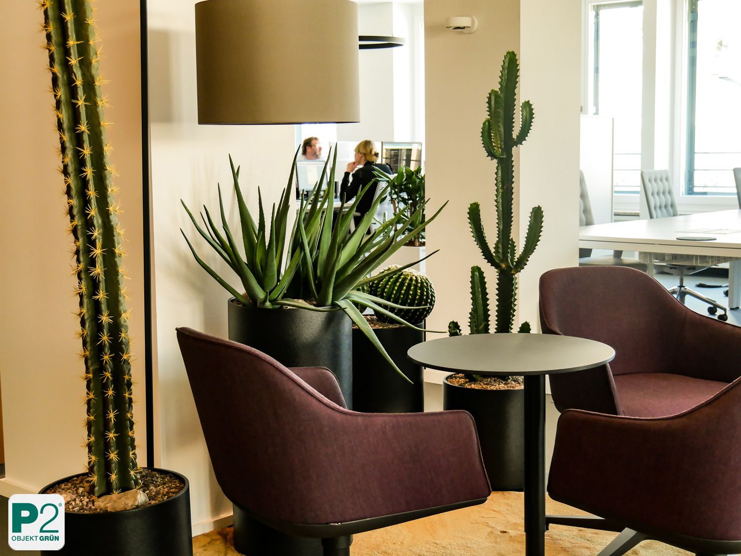 Sitzbereich mit drei dunkelroten Sesseln, kleinem runden Tisch und großen Kakteen in einem modernen Büro