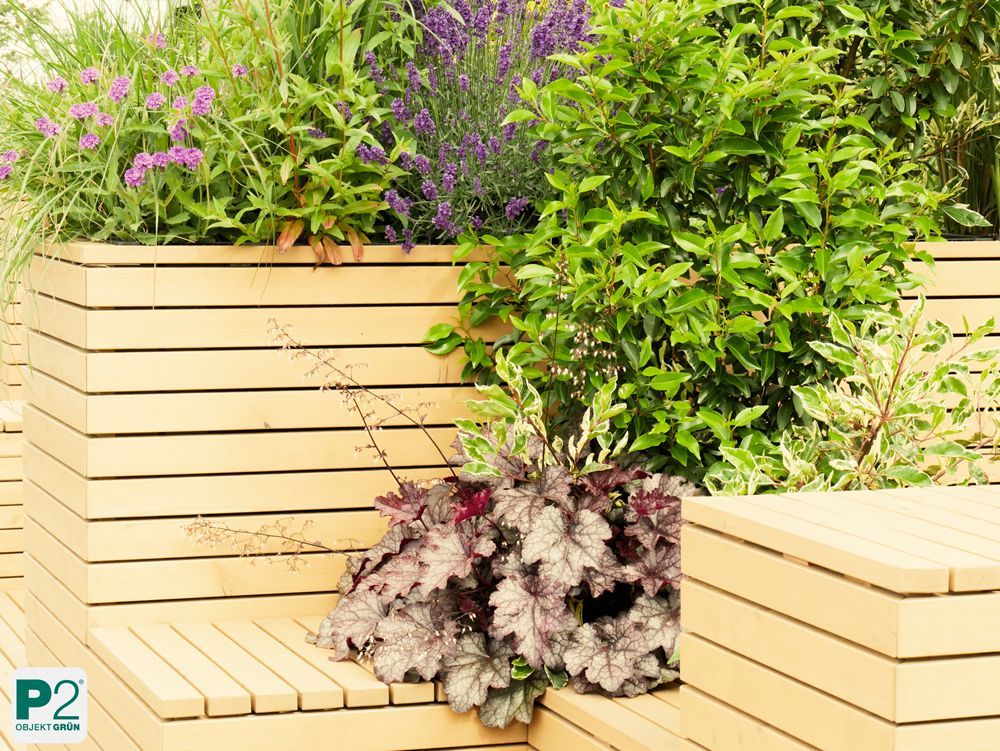 Hochbeete mit blühenden Pflanzen und Gräsern aus hellem Holz in städtischer Umgebung.