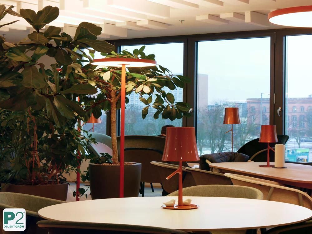 Moderner Innenraum mit Pflanzen und eleganter Beleuchtung.