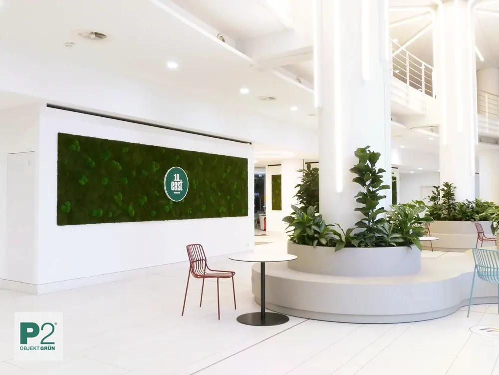 Heller, moderner Innenraum mit grüner Wandinstallation und Sitzbereich, P2 Objekt Grün Logo sichtbar