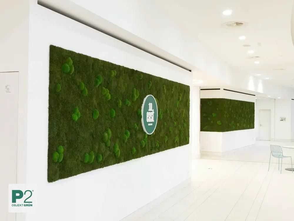 Grüne Mooswände mit rundem Schild '11 best' in modernem, weißem Büroflur von P2 Objekt Grün