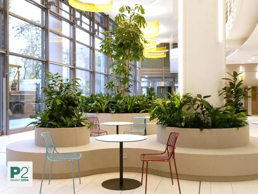 Moderne Lounge mit runden Sitzbereichen und Pflanzen, große Fensterfront, Stühle in Blau und Rot, P2 Objekt Grün Logo
