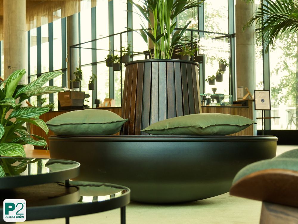 Moderne Sitzgelegenheit mit Pflanzen im Innenraum.